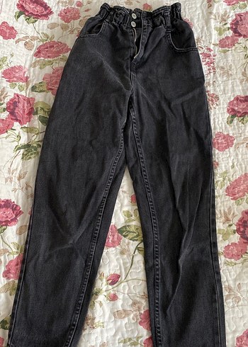 Düğmeli Siyah Kadın Bağlama Desenli Denim Pantolon