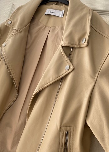 Bej Deri Kadın Ceket, Kemerli, Normal Boy - Görsel 3