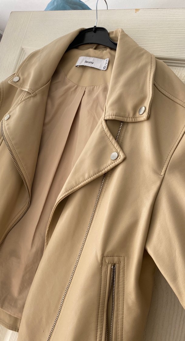 Bej Deri Kadın Ceket, Kemerli, Normal Boy - Görsel 3