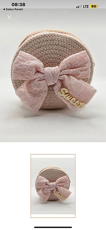 Pembe Kurdeleli Örgü Mini Çanta ? Sweet Yazılı Romantik Tasarım