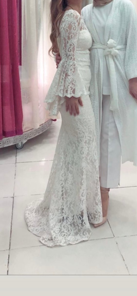 Dantel Detaylı Beyaz Uzun Straplez Nişan Elbisesi - Görsel 2