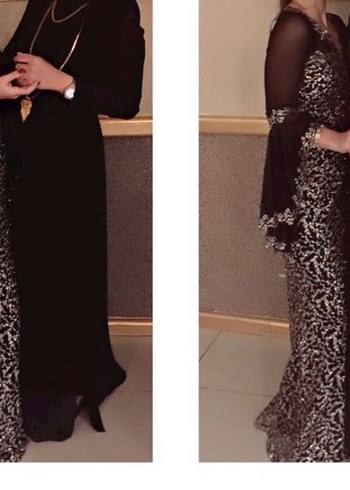 Koyu Siyah Kürk Detaylı Uzun Abiye Elbise - Görsel 2