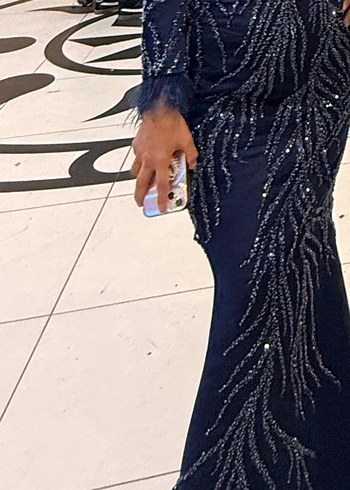 Boncuk İşlemeli Lacivert Uzun Abiye Elbise - Görsel 2