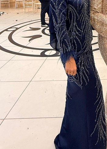 Boncuk İşlemeli Lacivert Uzun Abiye Elbise - Görsel 3