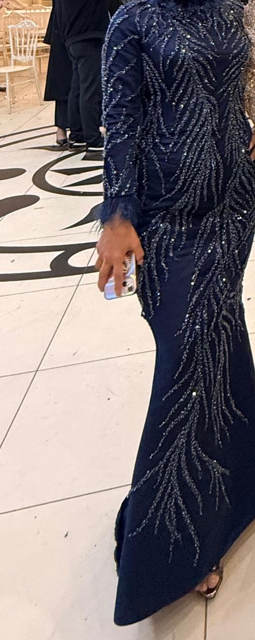 Boncuk İşlemeli Lacivert Uzun Abiye Elbise - Görsel 2