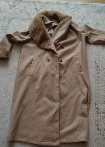 Kadın Uzun Süet Kürk Detaylı Bej Kaban - Görsel 2