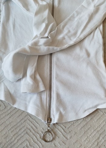 Fermuarlı Beyaz Pamuklu Tişört - Görsel 3