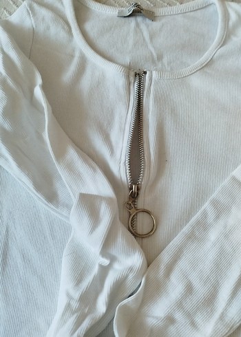 Fermuarlı Beyaz Pamuklu Tişört - Görsel 5