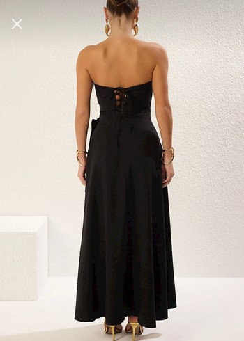 Siyah Straplez Uzun Drapeli Kadın Elbise - Görsel 4