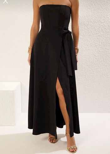 Siyah Straplez Uzun Drapeli Kadın Elbise - Görsel 3