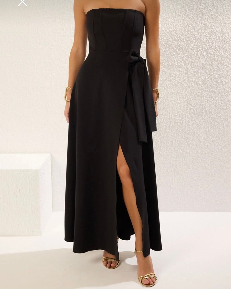 Siyah Straplez Uzun Drapeli Kadın Elbise - Görsel 3