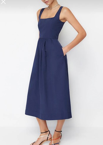 Lacivert Pamuklu Uzun Elbise - Görsel 2