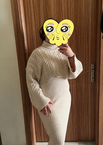 Bej Balıkçı Yaka Triko Midi Elbise - Görsel 2