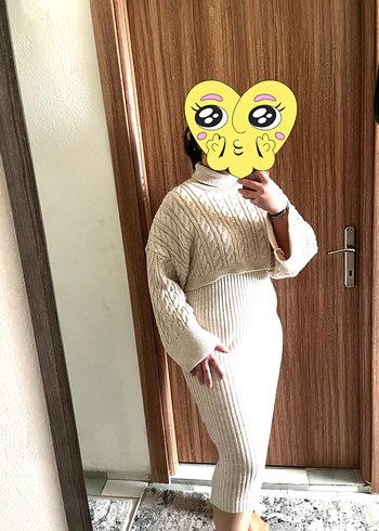 Bej Balıkçı Yaka Triko Midi Elbise - Görsel 3