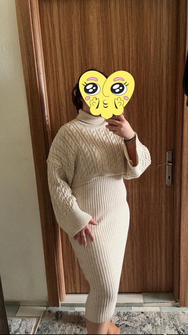 Bej Balıkçı Yaka Triko Midi Elbise - Görsel 2