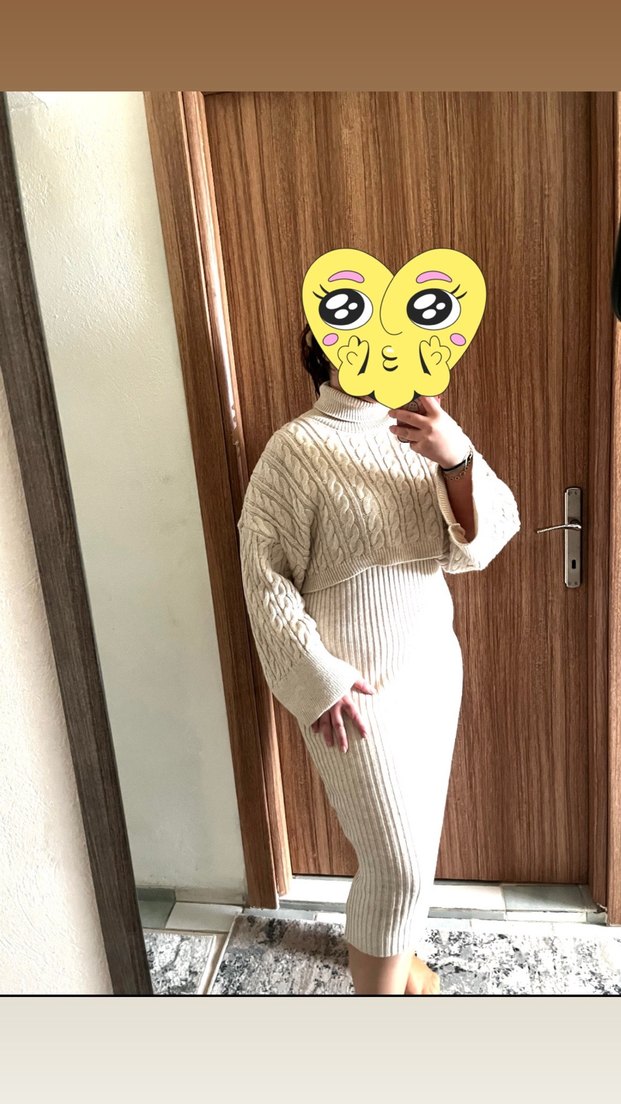 Bej Balıkçı Yaka Triko Midi Elbise - Görsel 3