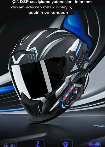 Çift Vizörlü Siyah Tam Kapalı Motosiklet Kask, Işıklı İnterkom - Görsel 4