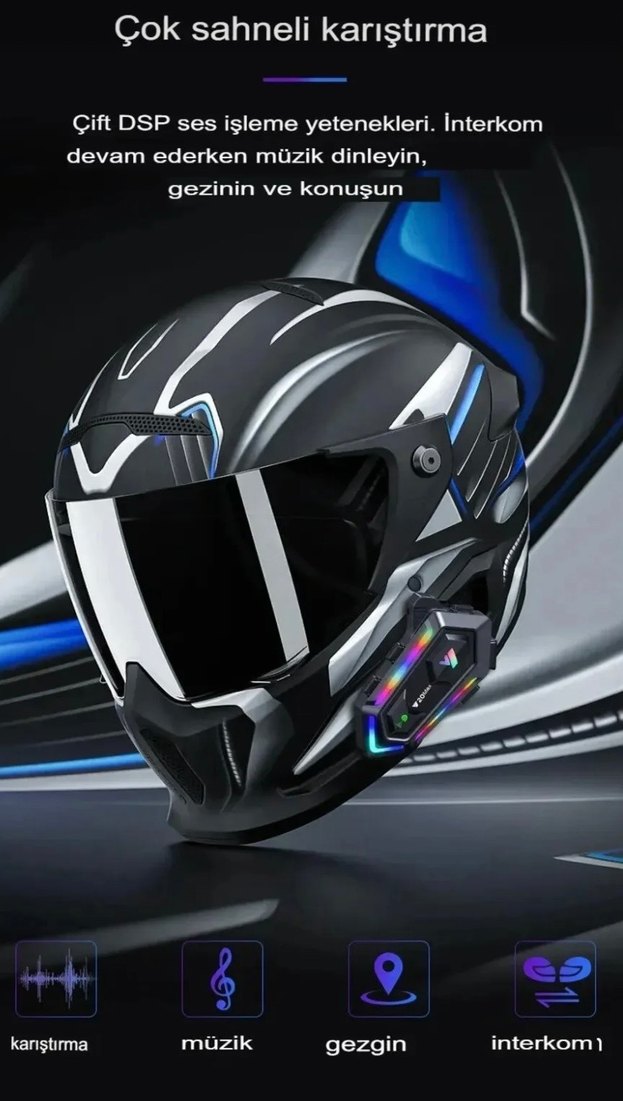 Çift Vizörlü Siyah Tam Kapalı Motosiklet Kask, Işıklı İnterkom - Görsel 4