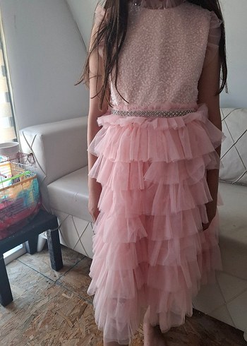 Abiye Pembe Nakışlı Fırfırlı Kız Elbisesi