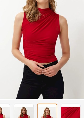 Kırmızı Yüksek Yakalı Bluz - Görsel 5