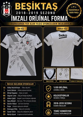Adidas Besiktasin 2018 2019 Sezonunda İslak İmzali Orjinal Formasi
