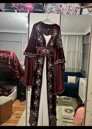 Bordo Nakışlı Uzun Kol Henna Elbise - Görsel 2