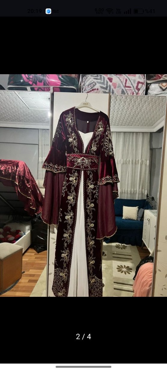 Bordo Nakışlı Uzun Kol Henna Elbise - Görsel 2