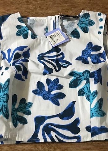 Perspective Bluz %100 Pamuk,Çiçek Desenli Crop Boy Sıfır Kol - Görsel 2