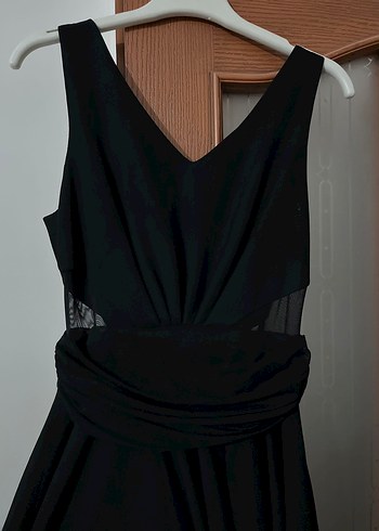 Siyah V Yakalı Uzun Drapeli Kadın Elbise - Görsel 3