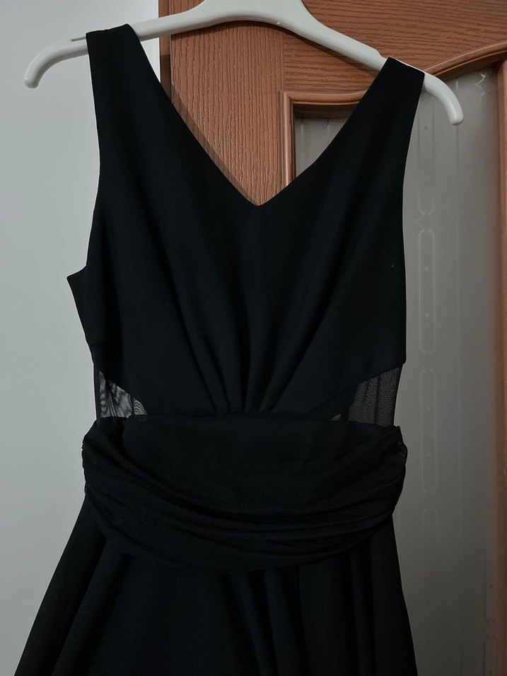 Siyah V Yakalı Uzun Drapeli Kadın Elbise - Görsel 3