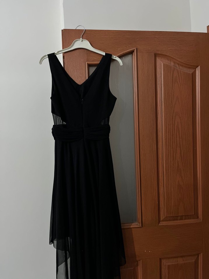 Siyah V Yakalı Uzun Drapeli Kadın Elbise - Görsel 2