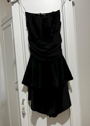 Siyah Drapeli Straplez Uzun Kadın Elbise - Görsel 2