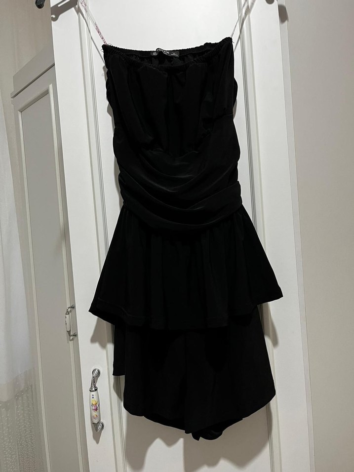 Siyah Drapeli Straplez Uzun Kadın Elbise - Görsel 2