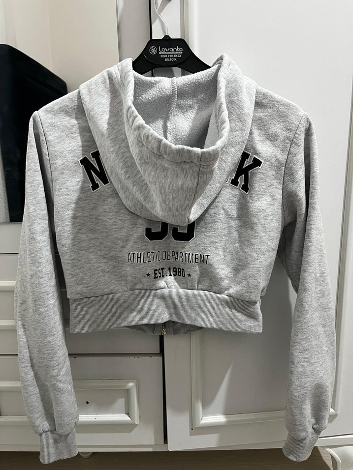 Gri Kapüşonlu Fermuarlı Kadın Sweatshirt - Görsel 2