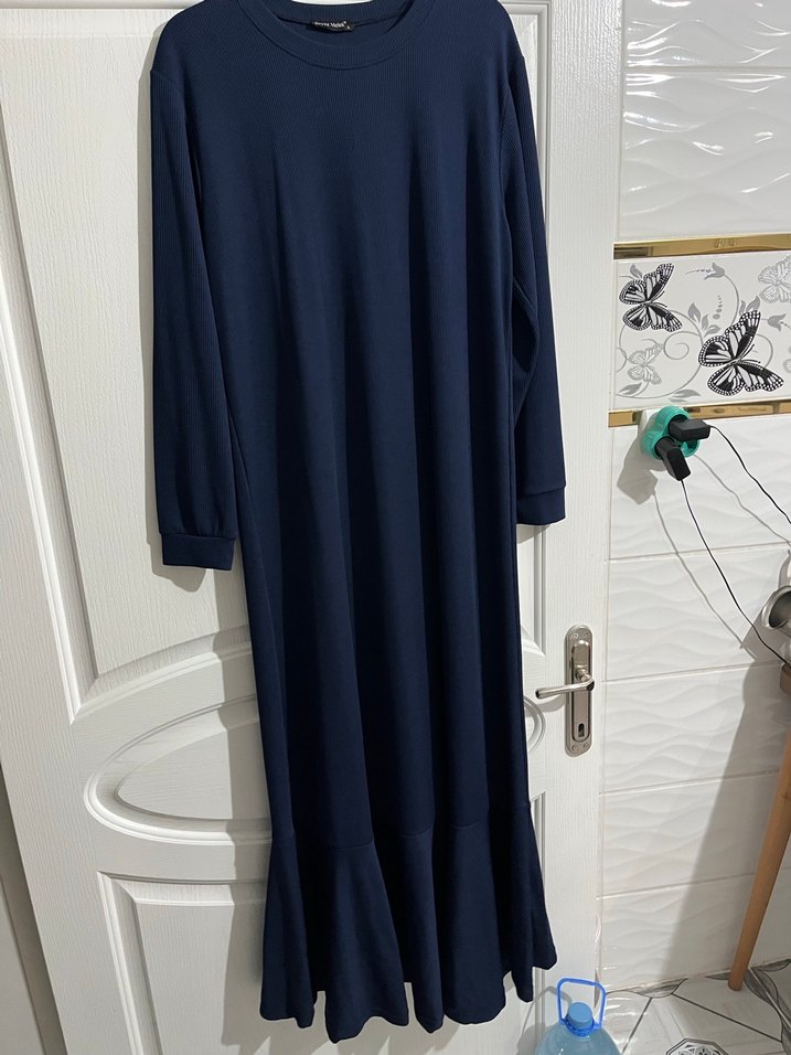 Lacivert Uzun Kollu Piliseli Kadın Elbise - Görsel 3