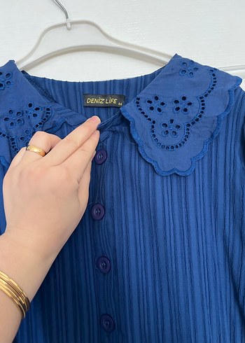 Lacivert Uzun Keten Elbise, dantelli bebe Yakalı - Görsel 2
