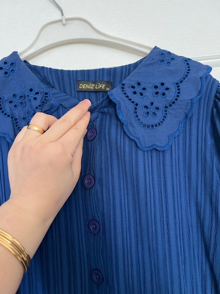 Lacivert Uzun Keten Elbise, dantelli bebe Yakalı - Görsel 2