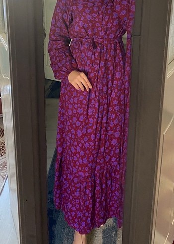 Mor Bağlamalı Yakalı Uzun Bohem Elbise - Görsel 2