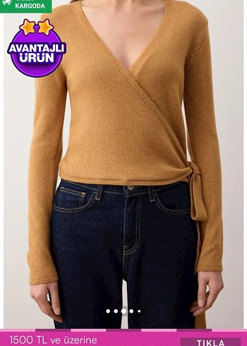 Kahverengi V Yaka Örgü Mini Kazak - Görsel 2