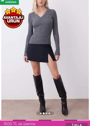 Gri V Yaka Fitilli Triko Kadın Kazak - Görsel 2