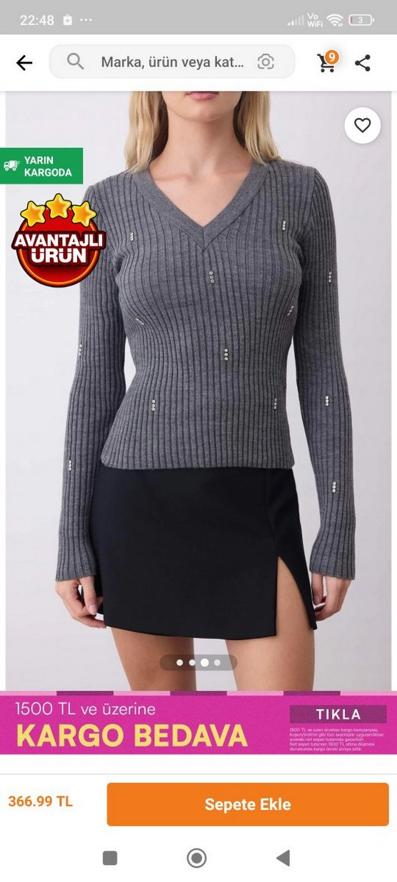 Gri V Yaka Fitilli Triko Kadın Kazak - Görsel 3