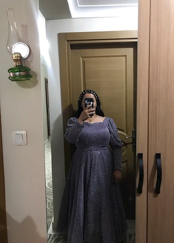 44 Beden mor Renk Mor Midi Tül Elbise Dantel Detaylı