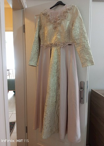 Diğer Bej İşlemeli Uzun Kollu Vintage Abiye Elbise tesettür #tesettür