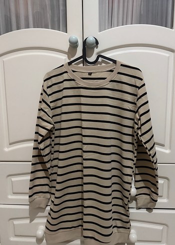 Bej Siyah Çizgili Kadın Sweatshirt - Görsel 2