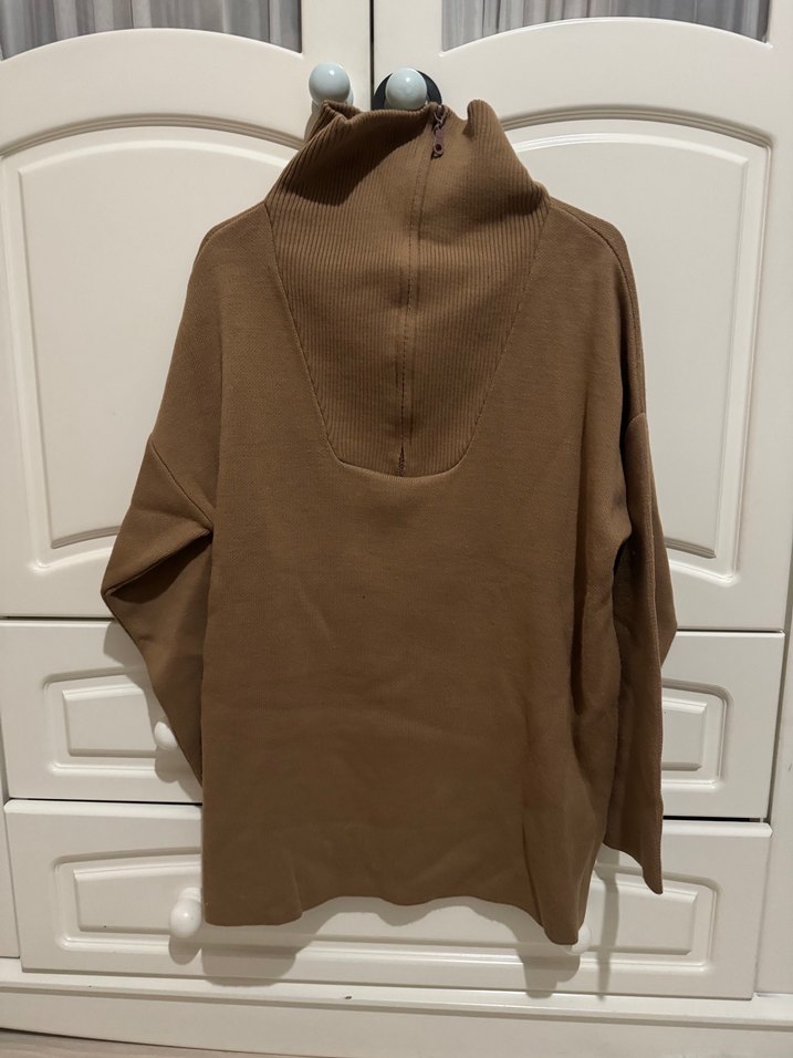 Yarım Fermuarlı Kahverengi Yüksek Yakalı kazak - Görsel 2