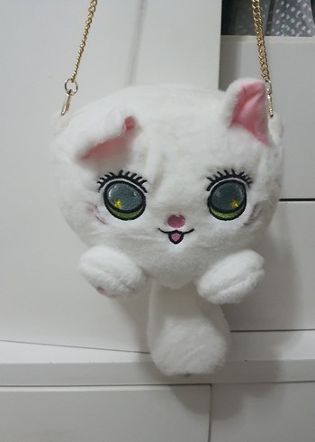 Beyaz Renkli Kedi Figürlü Peluş Çanta