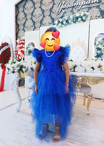 34 Beden mavi Renk Pullu Kat Kat Saks mavisi çocuk abiyesi ve kelebek ayakkabı