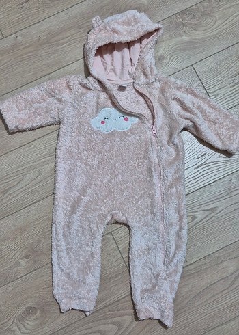 Pembe Nakışlı Bebek Kız Peluş Tulum - Görsel 2