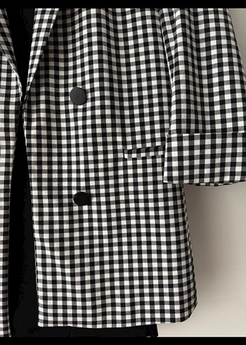 Düğmeli Siyah Beyaz Ekose Kadın Blazer - Görsel 2