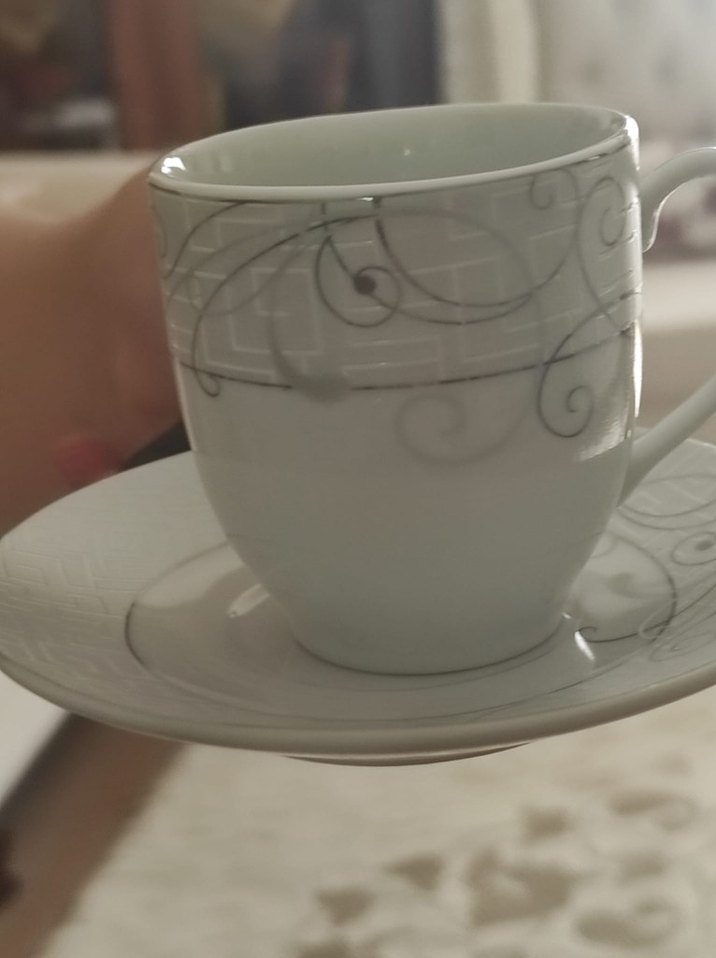 Gri Desenli Beyaz Porselen Fincan Seti (6lı) - Görsel 3